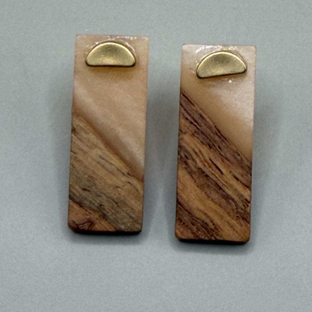 Handmade Wood & Resin Rectangle Stud Earrings – Neutral Boho Minimalist